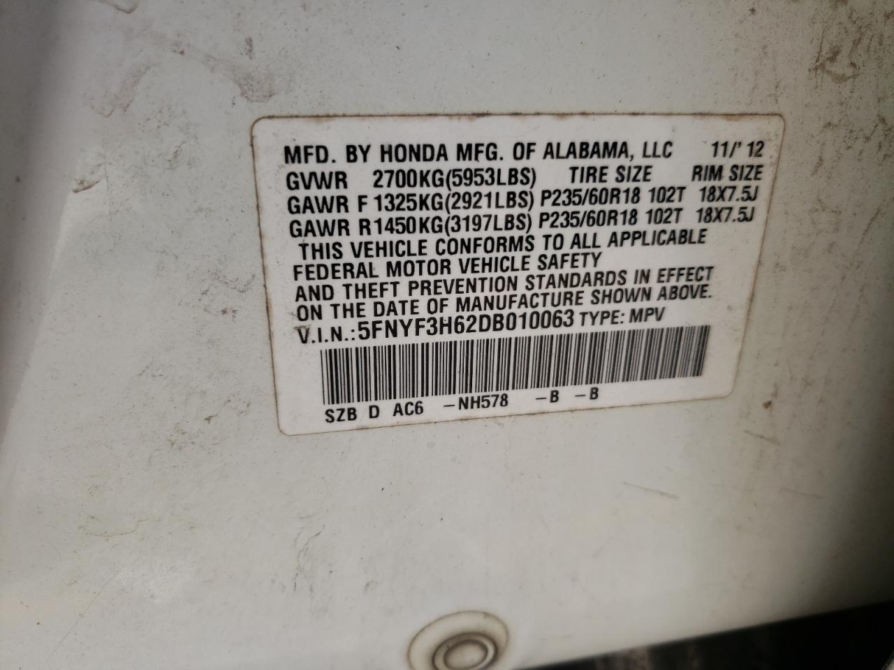 2013 Honda Pilot Exl VIN: 5FNYF3H62DB010063 Lot: 62439164