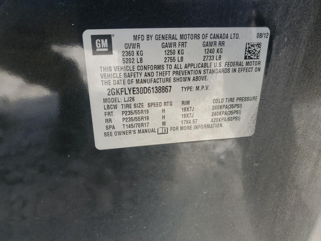 2013 GMC Terrain Denali VIN: 2GKFLYE30D6138867 Lot: 62793504