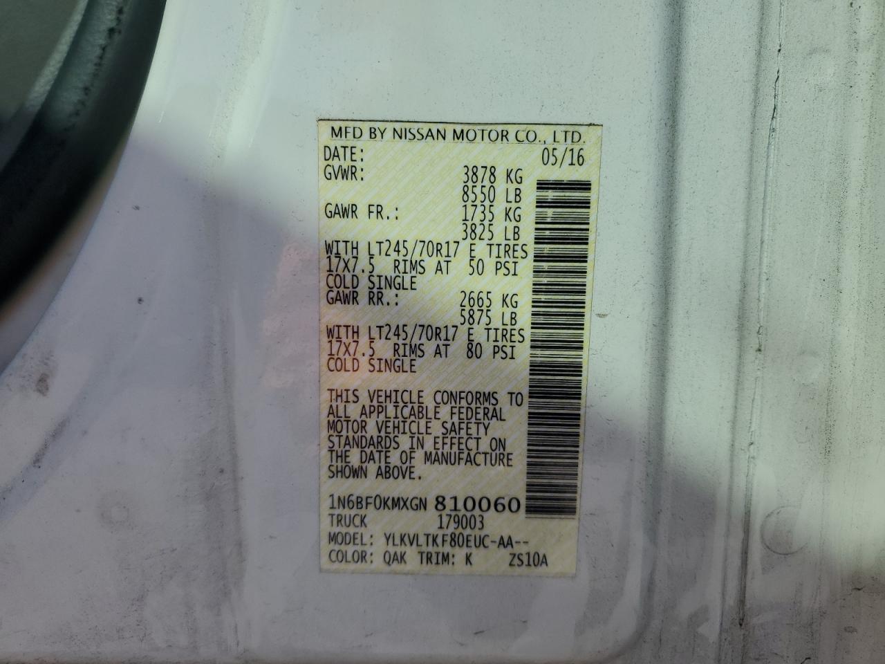 2016 Nissan Nv 1500 S VIN: 1N6BF0KMXGN810060 Lot: 63497804