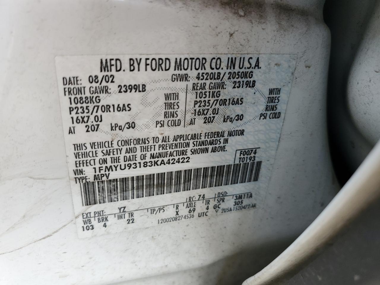 2003 Ford Escape Xlt VIN: 1FMYU93183KA42422 Lot: 61761964