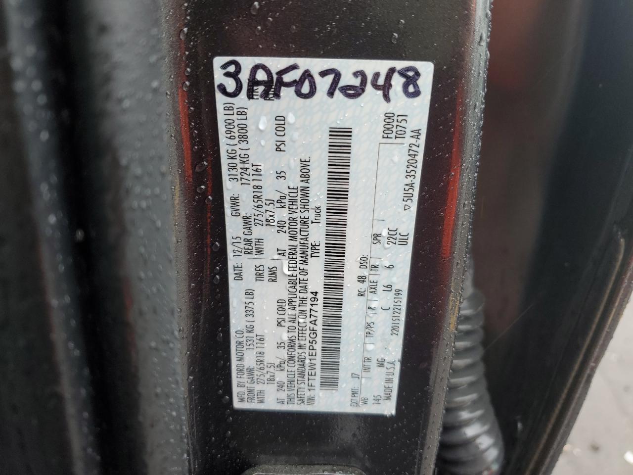 2016 Ford F150 Supercrew VIN: 1FTEW1EP5GFA77194 Lot: 62806294