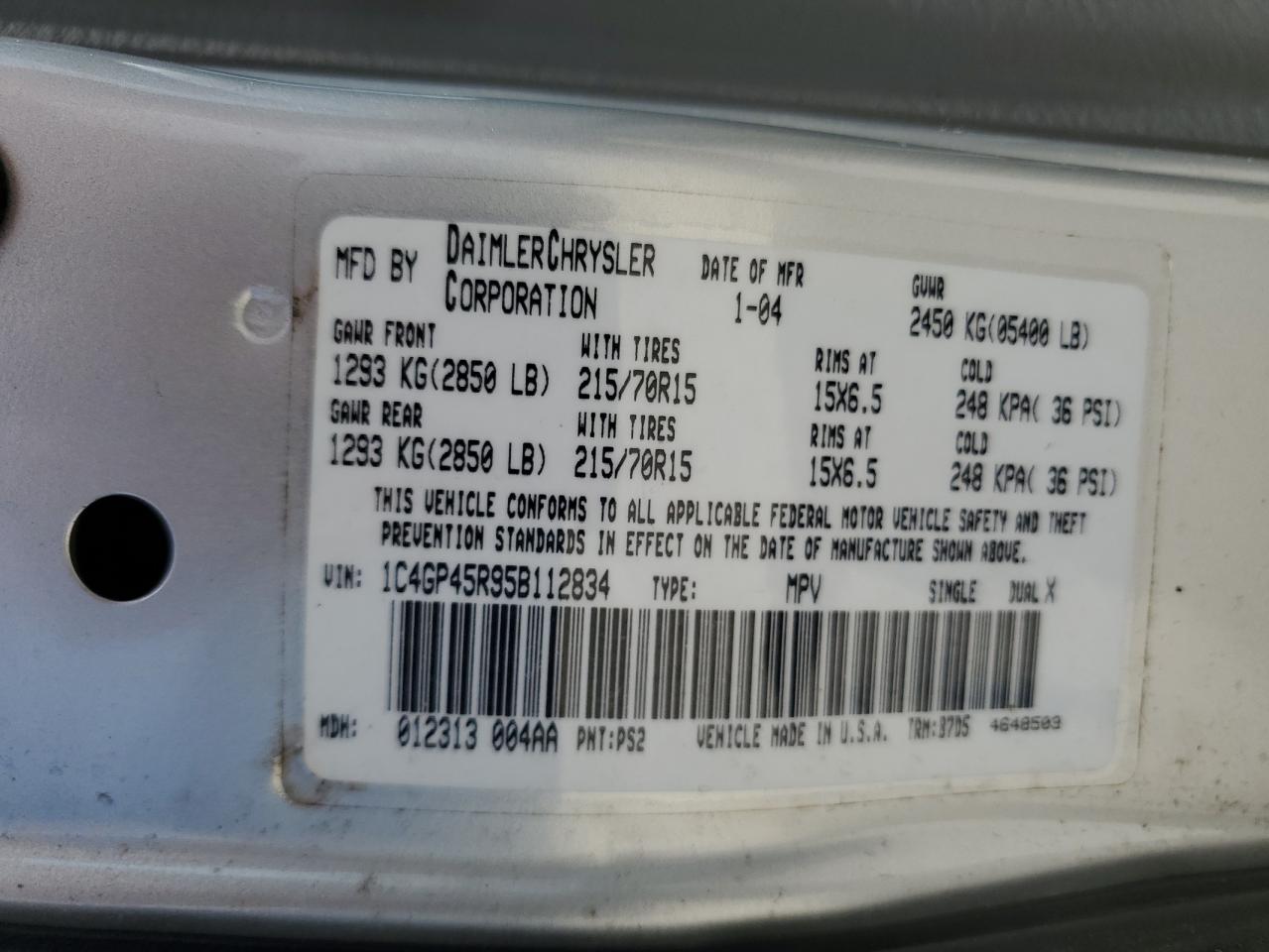 2005 Chrysler Town & Country VIN: 1C4GP45R95B112834 Lot: 65025654