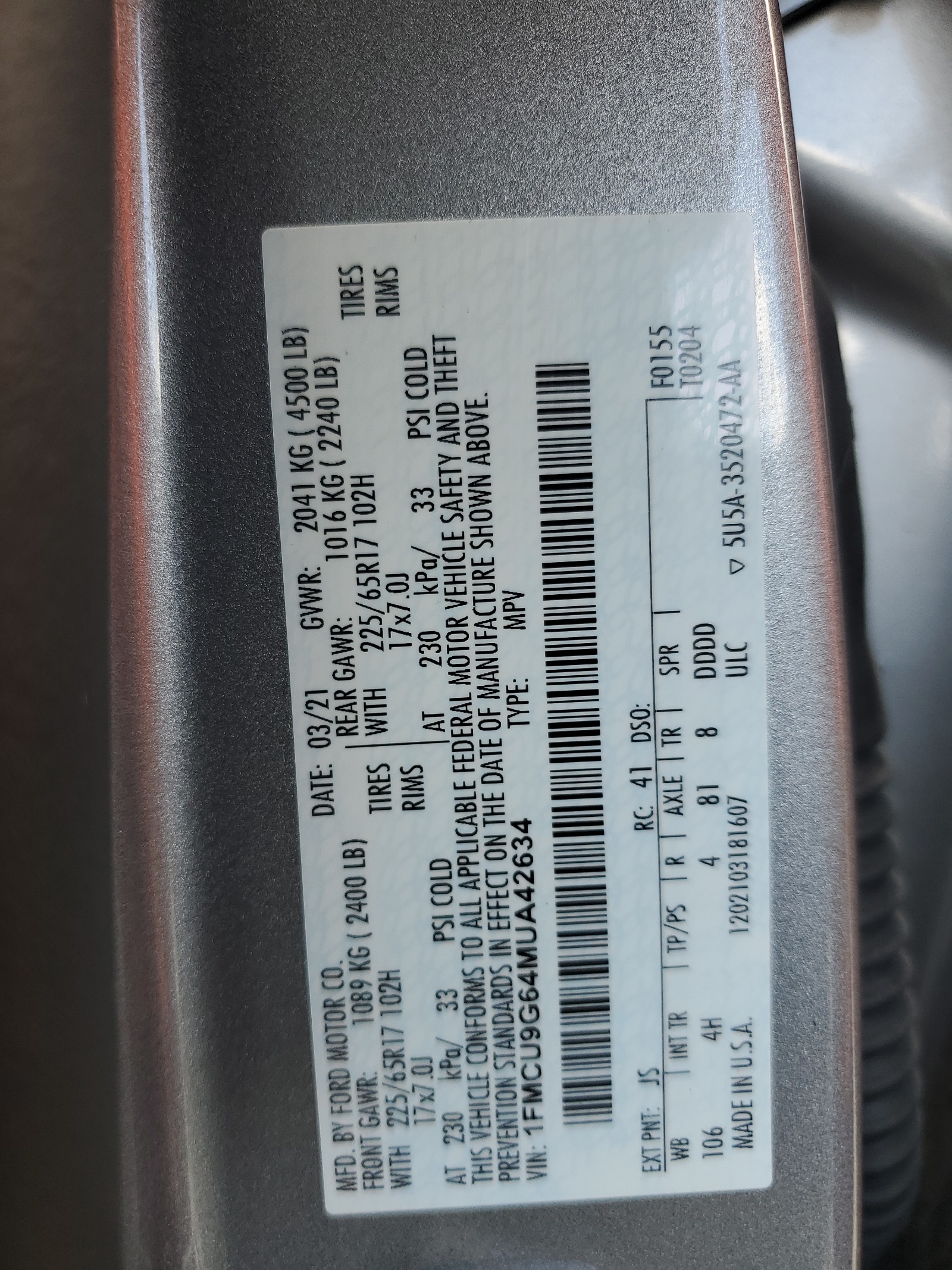 1FMCU9G64MUA42634 2021 Ford Escape Se