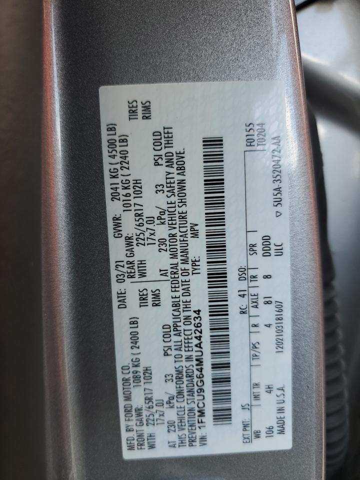 2021 Ford Escape Se VIN: 1FMCU9G64MUA42634 Lot: 64055954