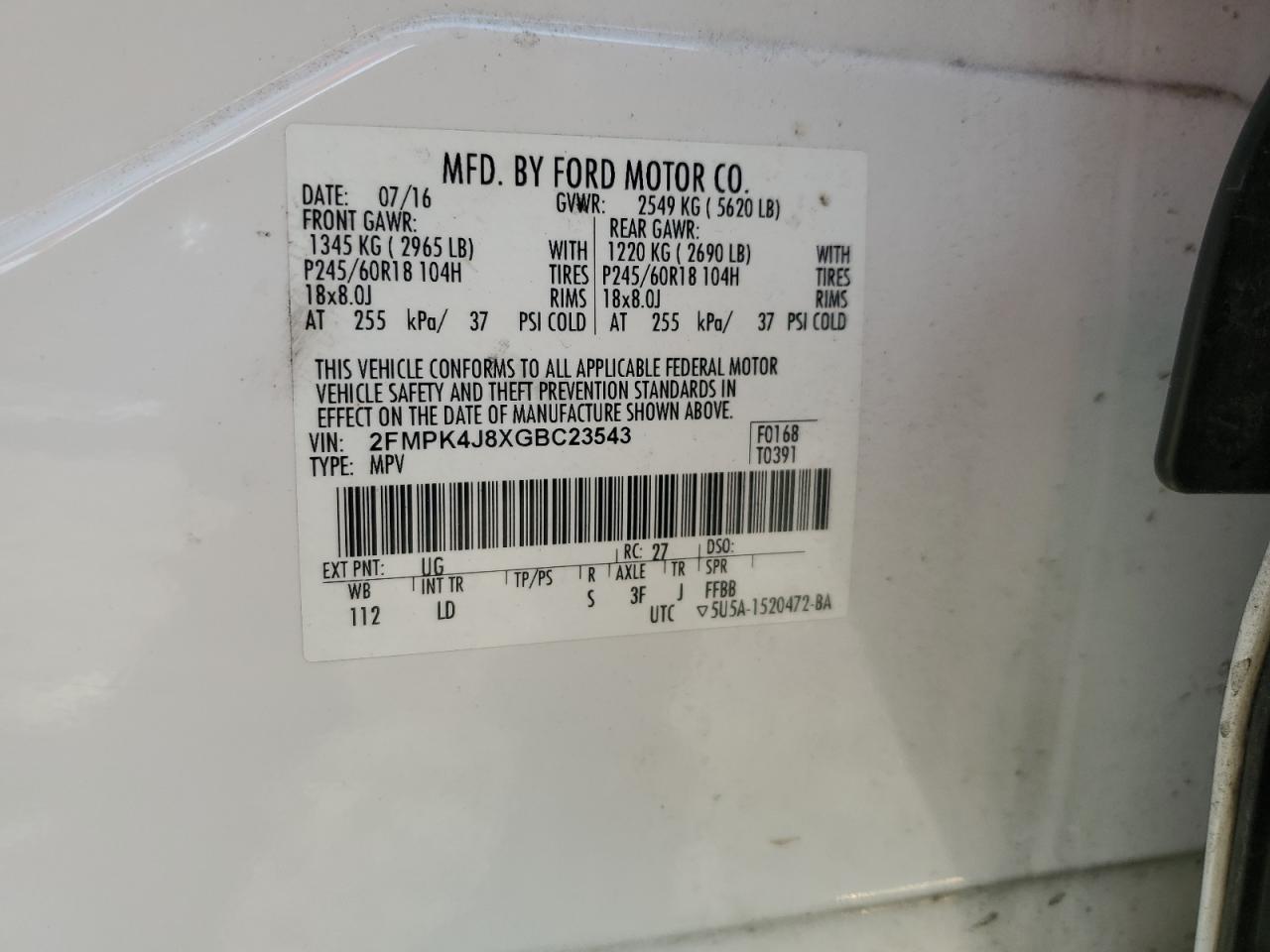 2016 Ford Edge Sel VIN: 2FMPK4J8XGBC23543 Lot: 65156994