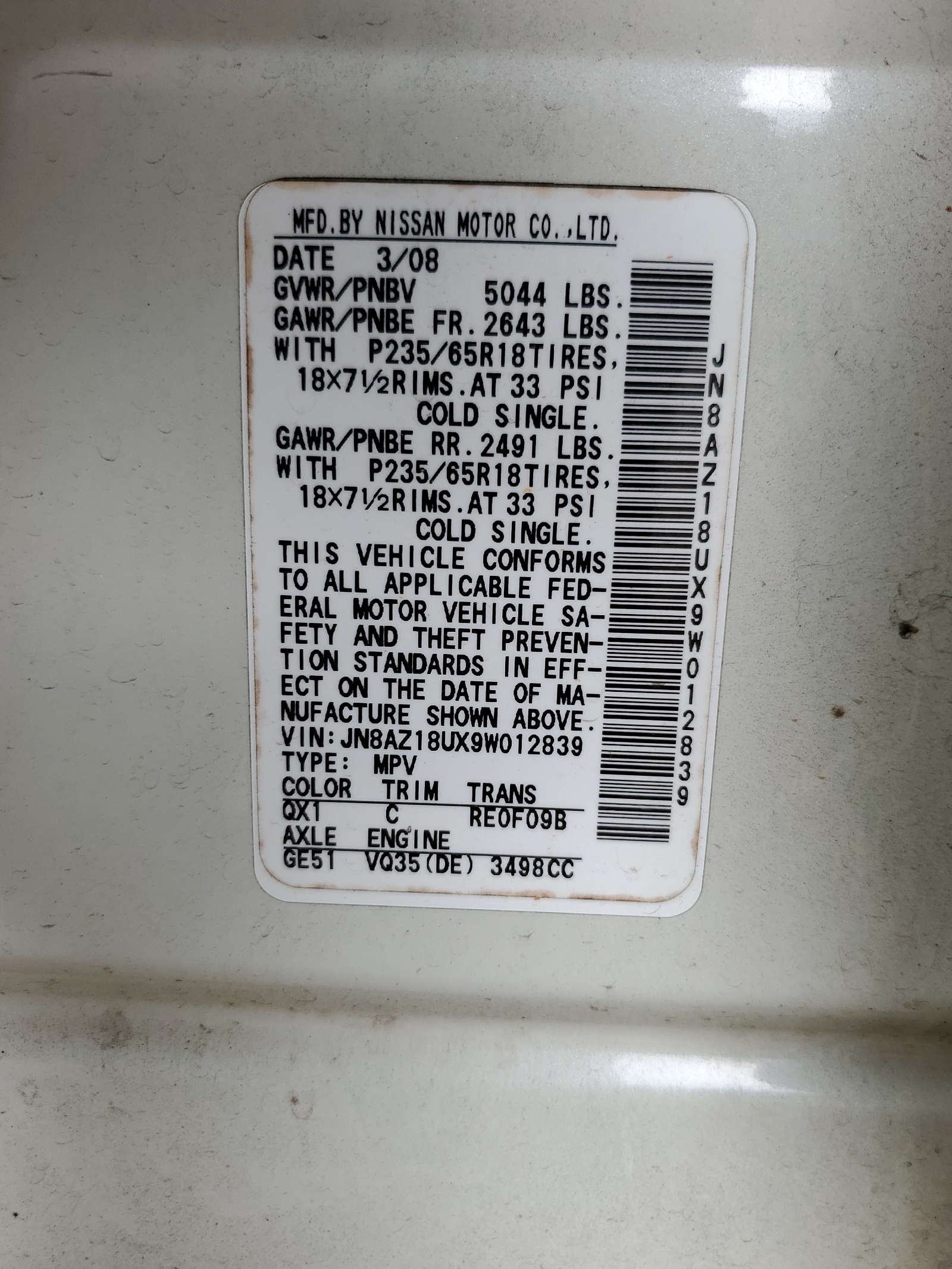 JN8AZ18UX9W012839 2009 Nissan Murano S