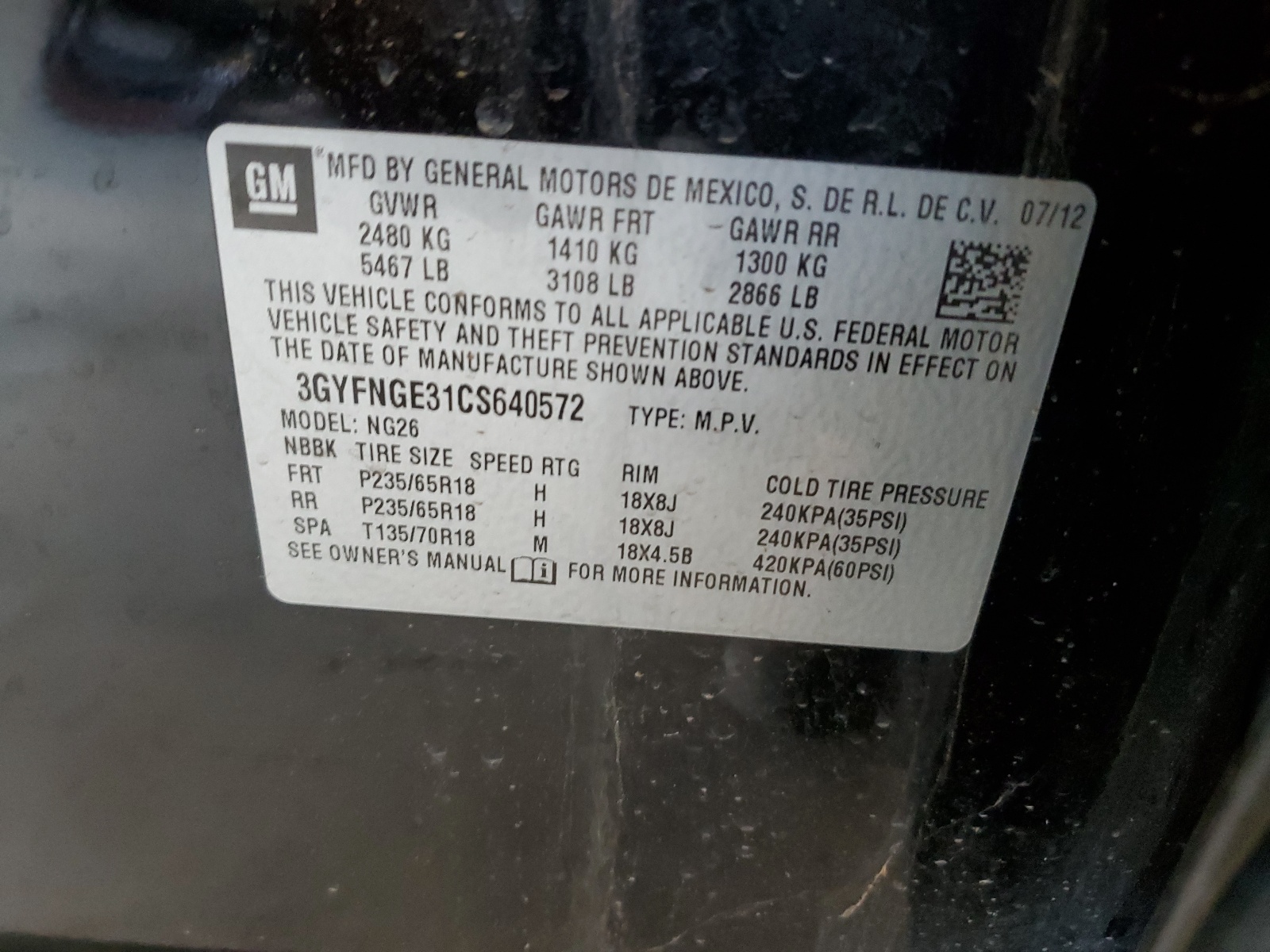 3GYFNGE31CS640572 2012 Cadillac Srx