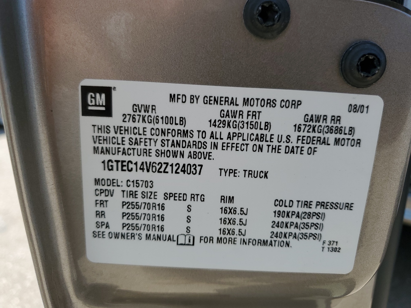 1GTEC14V62Z124037 2002 GMC New Sierra C1500