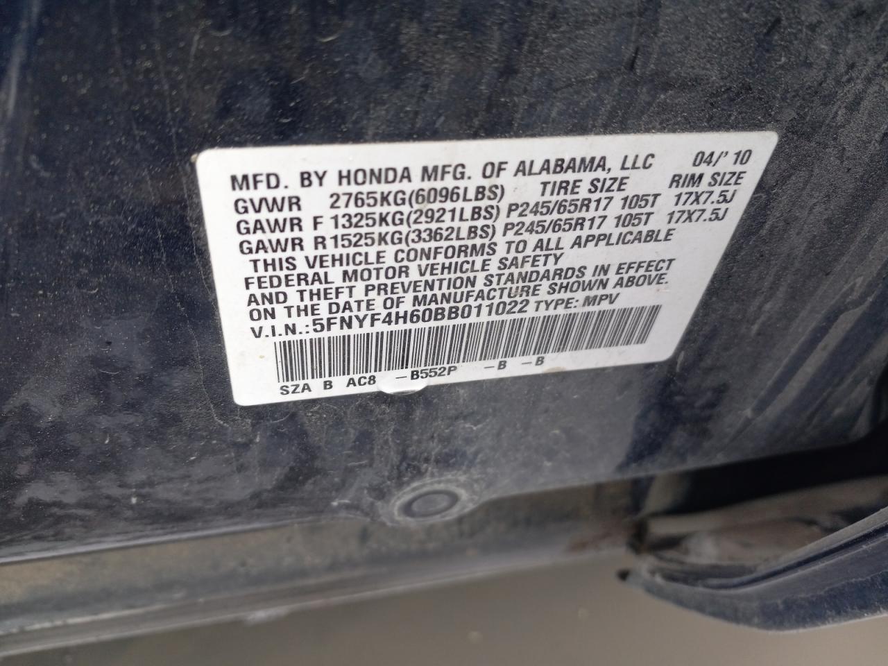 2011 Honda Pilot Exl VIN: 5FNYF4H60BB011022 Lot: 62305454