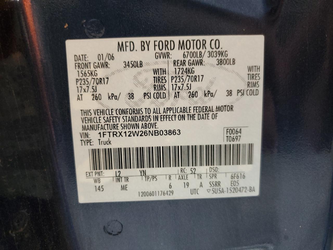 2006 Ford F150 VIN: 1FTRX12W26NB03863 Lot: 64971044