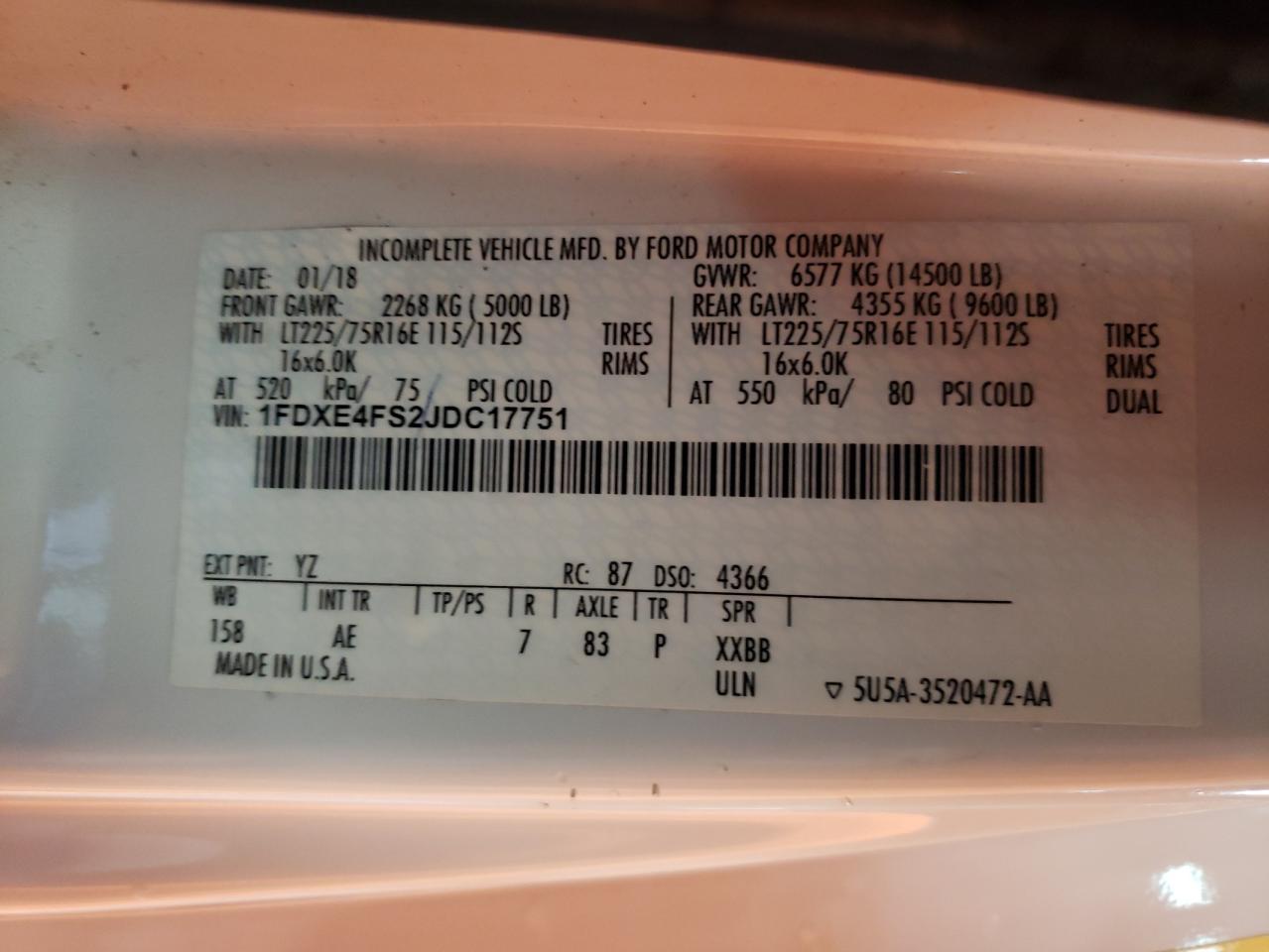 2018 Ford Econoline E450 Super Duty Cutaway Van VIN: 1FDXE4FS2JDC17751 Lot: 81005674