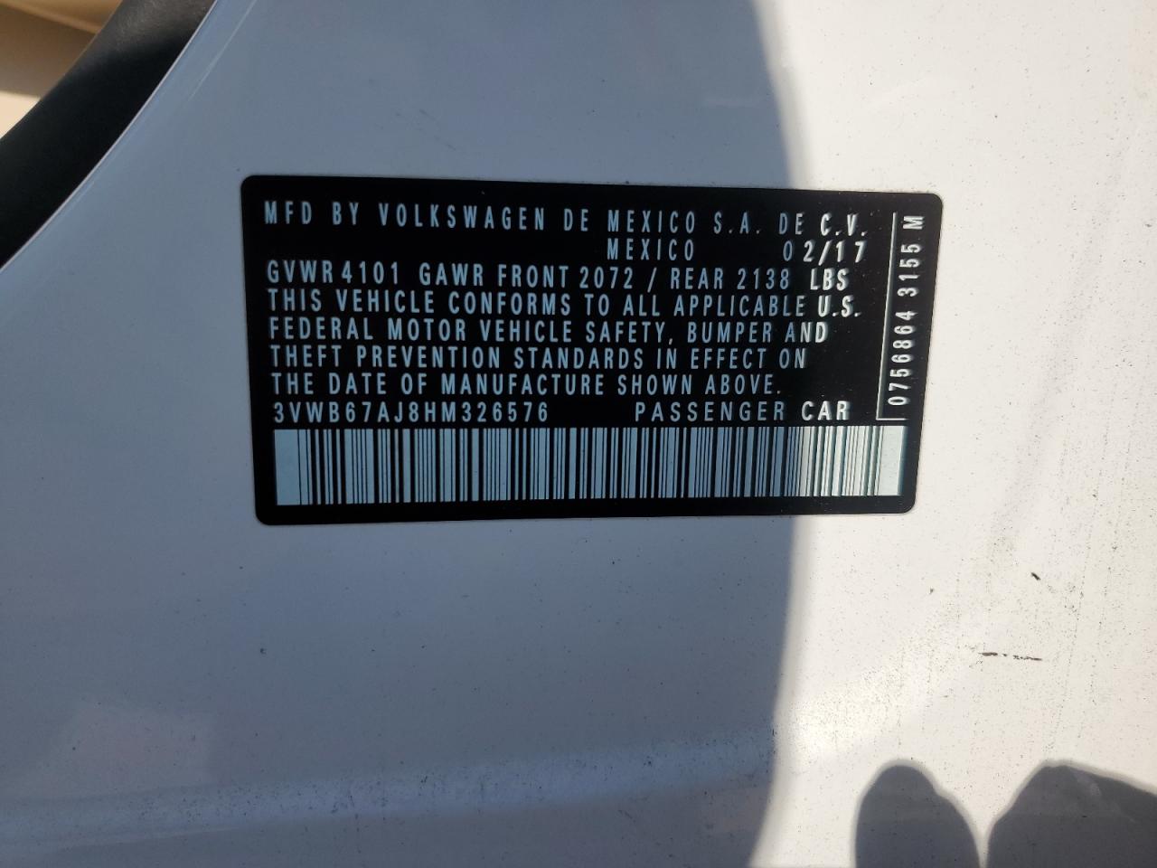 2017 Volkswagen Jetta Se VIN: 3VWB67AJ8HM326576 Lot: 62792004