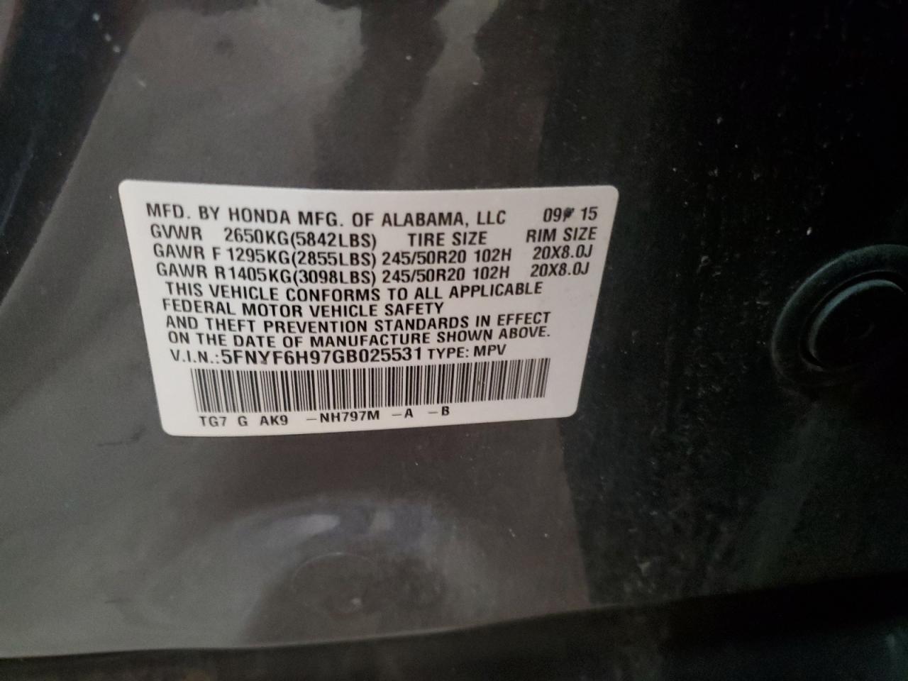 2016 Honda Pilot Touring VIN: 5FNYF6H97GB025531 Lot: 61640024