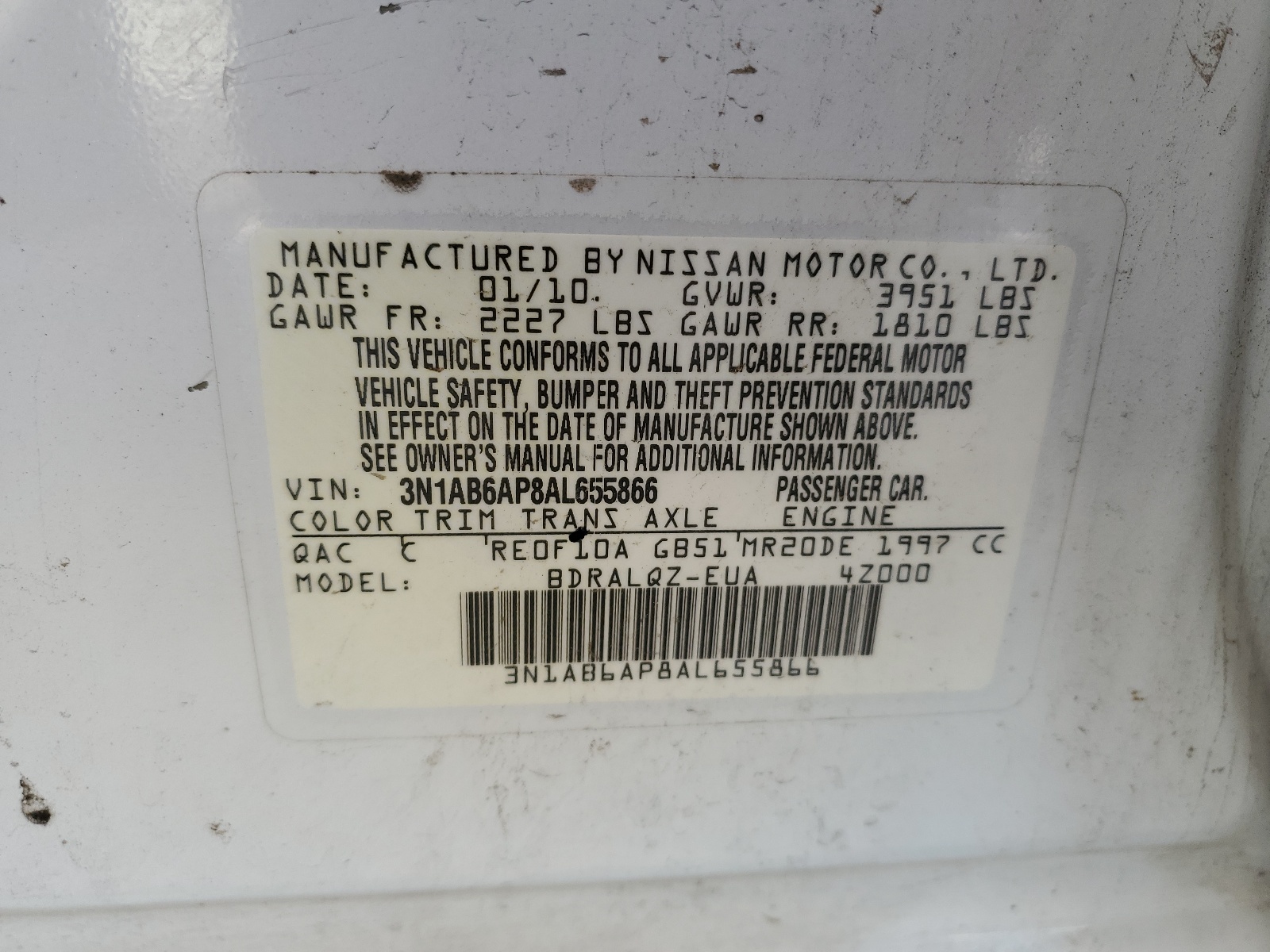 3N1AB6AP8AL655866 2010 Nissan Sentra 2.0