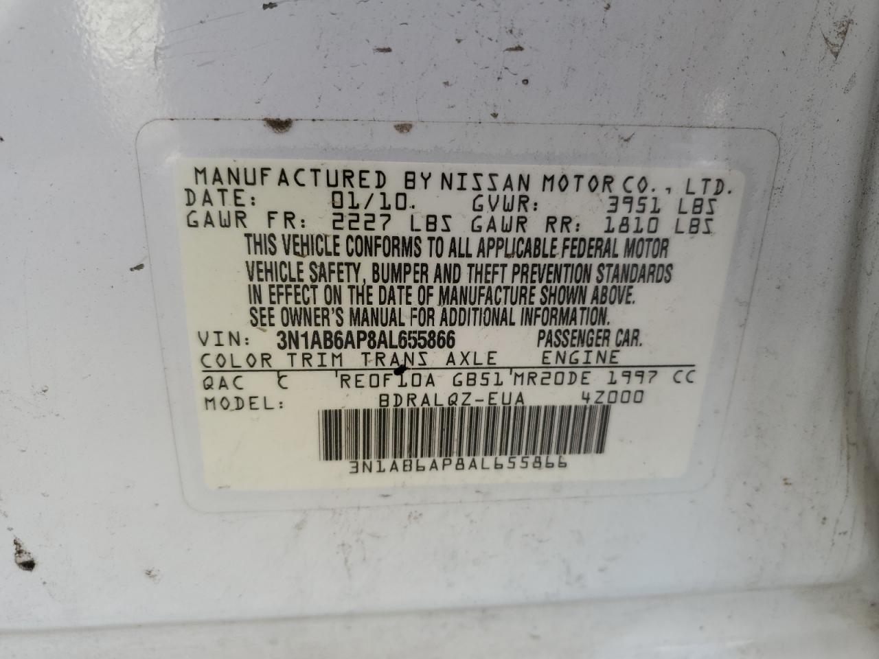 2010 Nissan Sentra 2.0 VIN: 3N1AB6AP8AL655866 Lot: 62602144