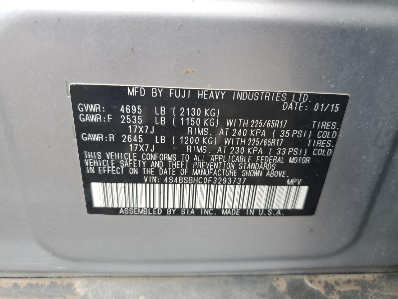 2015 Subaru Outback 2.5I Premium VIN: 4S4BSBHC0F3293737 Lot: 63168704