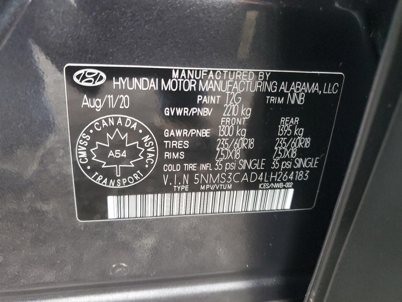 2020 Hyundai Santa Fe Sel VIN: 5NMS3CAD4LH264183 Lot: 65409234