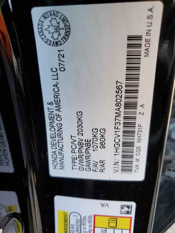 2021 Honda Accord Sport VIN: 1HGCV1F37MA802567 Lot: 62876074