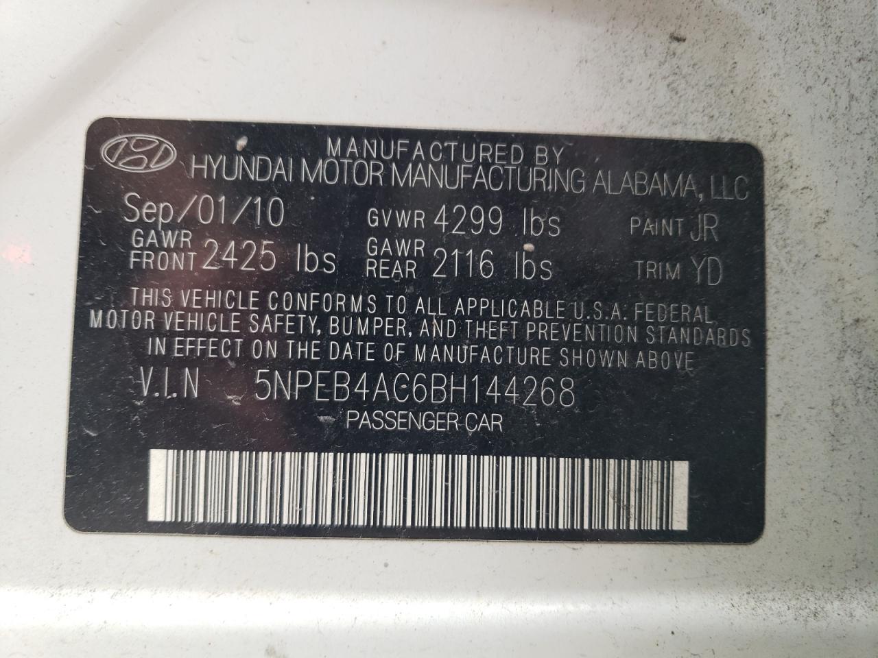 5NPEB4AC6BH144268 2011 Hyundai Sonata Gls