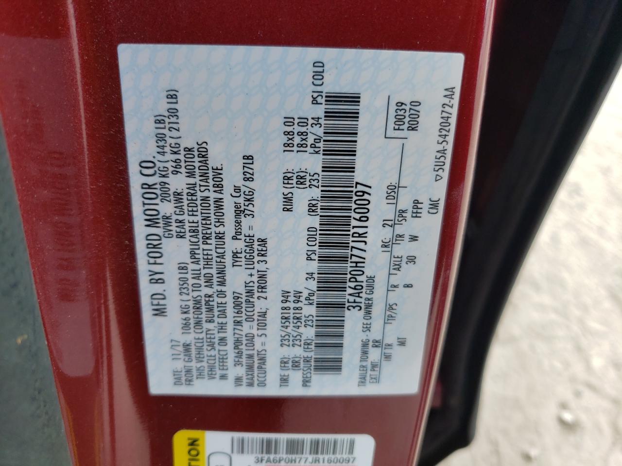 2018 Ford Fusion Se VIN: 3FA6P0H77JR160097 Lot: 63694544