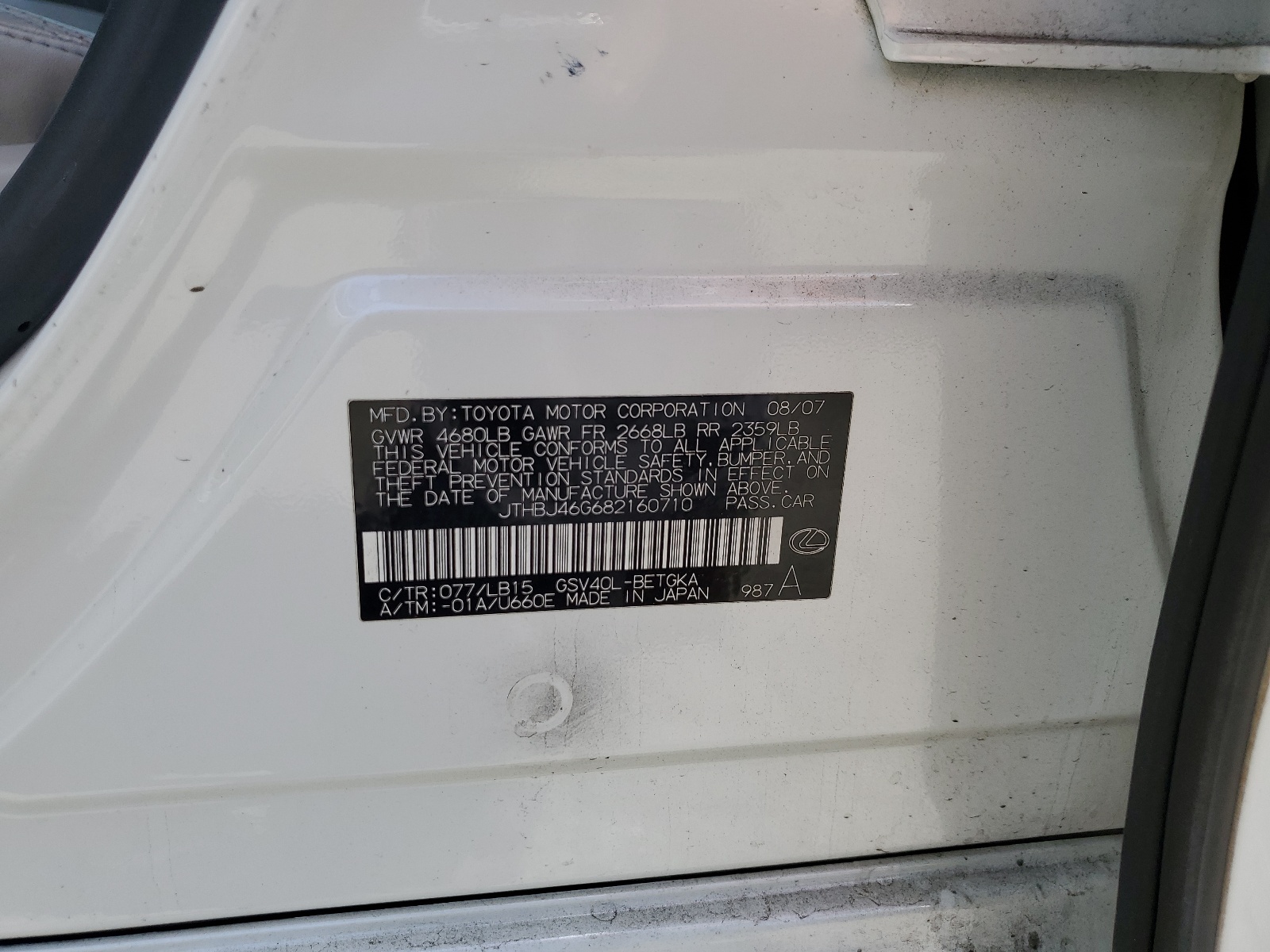 JTHBJ46G682160710 2008 Lexus Es 350