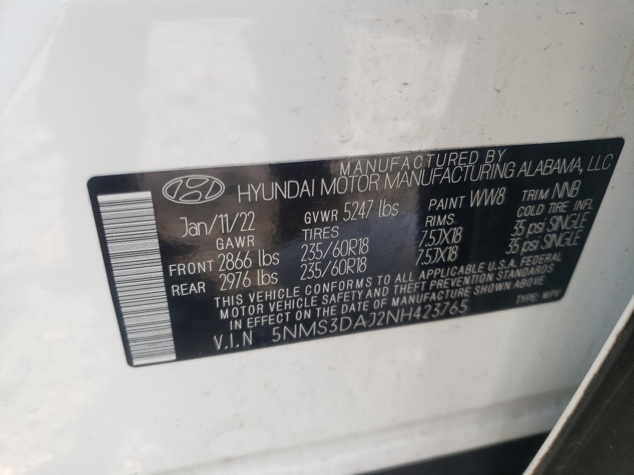 2022 Hyundai Santa Fe Sel VIN: 5NMS3DAJ2NH423765 Lot: 62218354