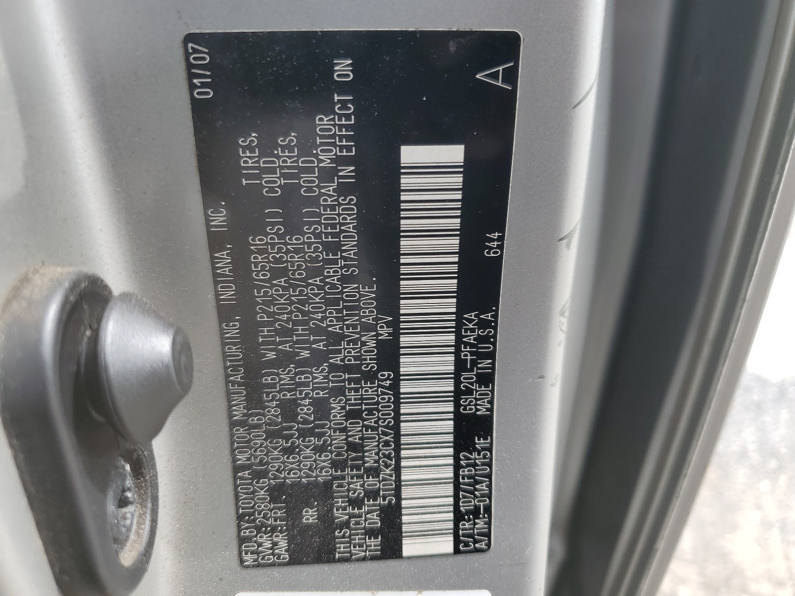 5TDZK23CX7S009749 2007 Toyota Sienna Ce