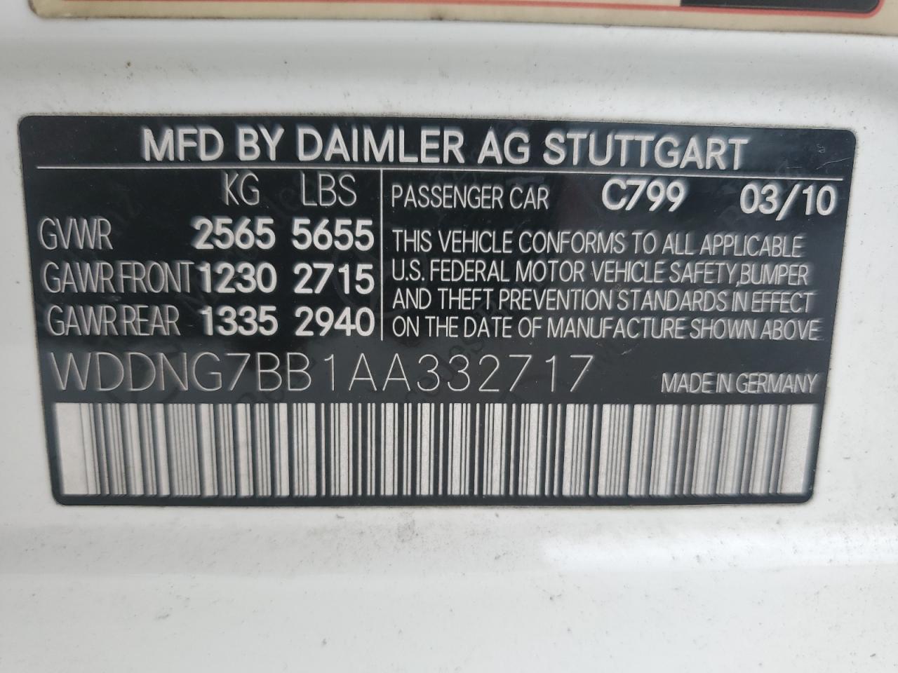 2010 Mercedes-Benz S 550 VIN: WDDNG7BB1AA332717 Lot: 62984094