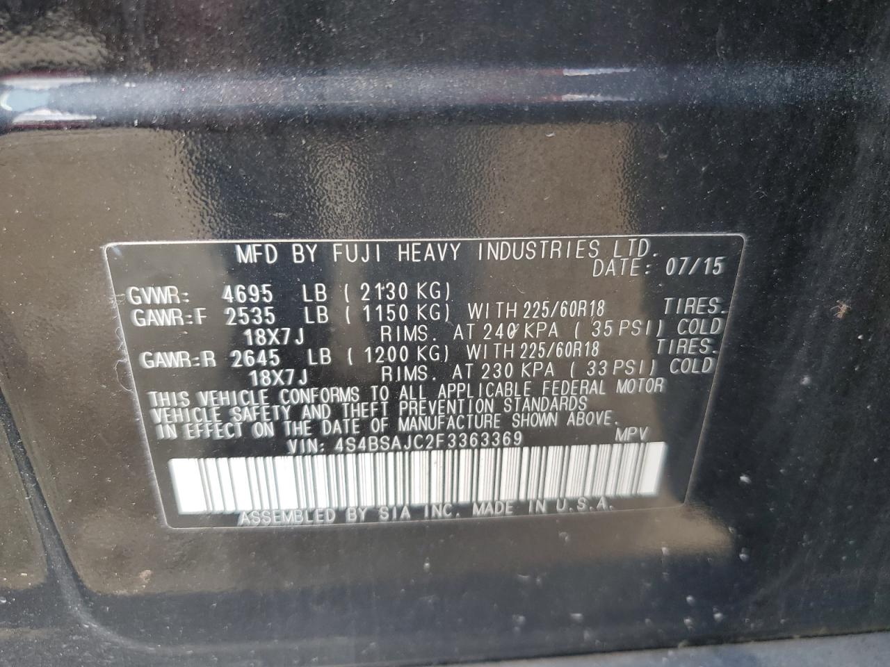 2015 Subaru Outback 2.5I Limited VIN: 4S4BSAJC2F3363369 Lot: 63715944