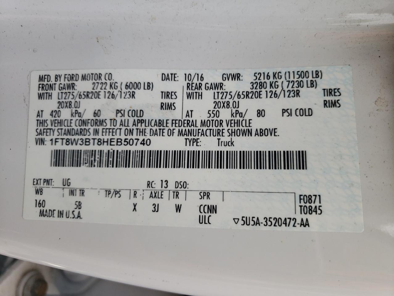 2017 Ford F350 Super Duty VIN: 1FT8W3BT8HEB50740 Lot: 64204944