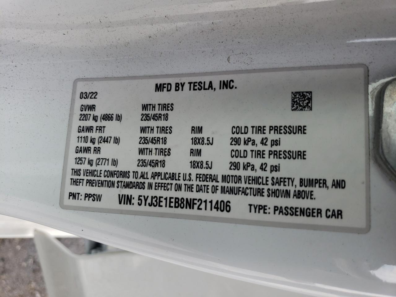 2022 Tesla Model 3 VIN: 5YJ3E1EB8NF211406 Lot: 62138174