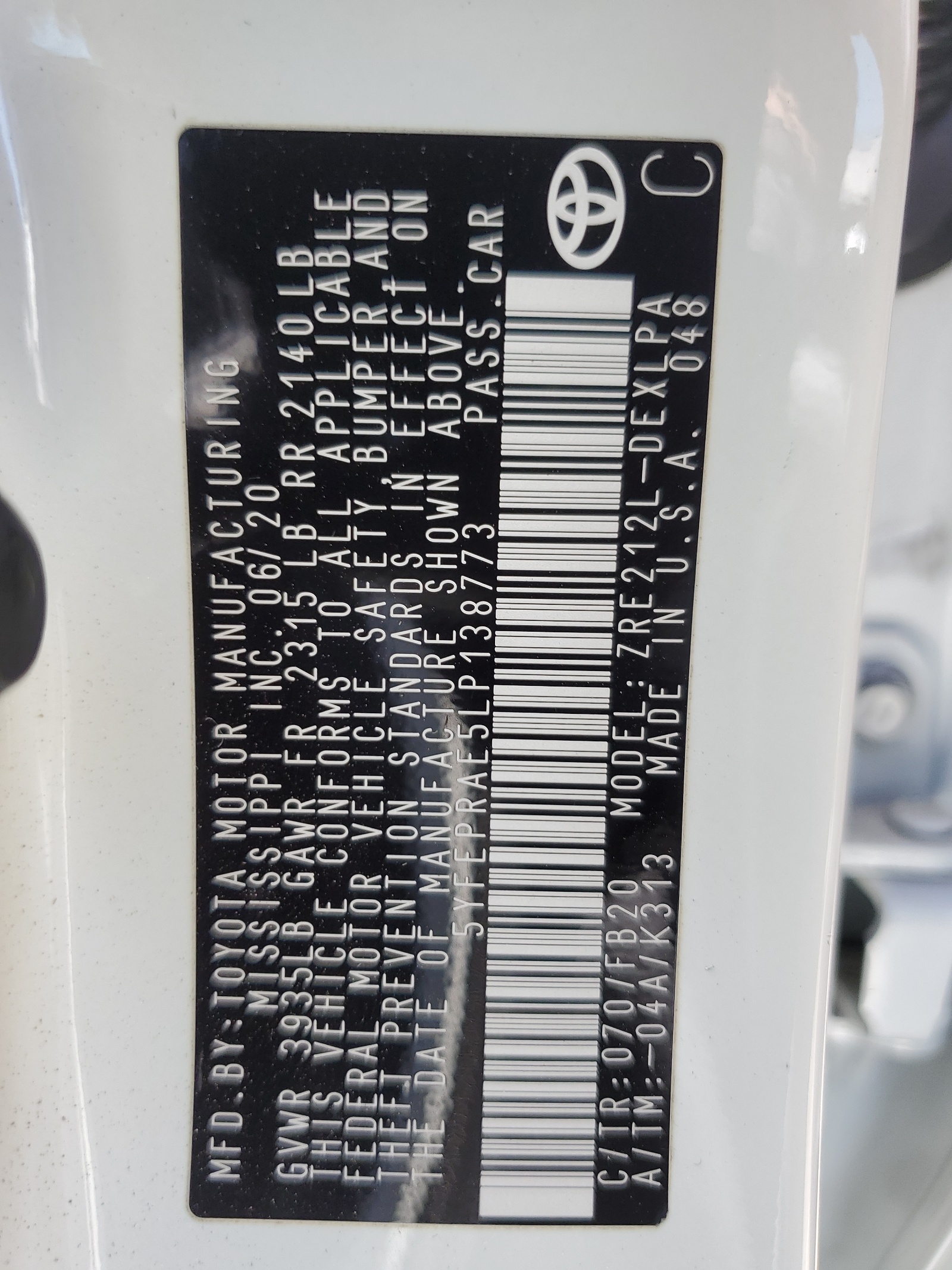 2020 Toyota Corolla Le vin: 5YFEPRAE5LP138773