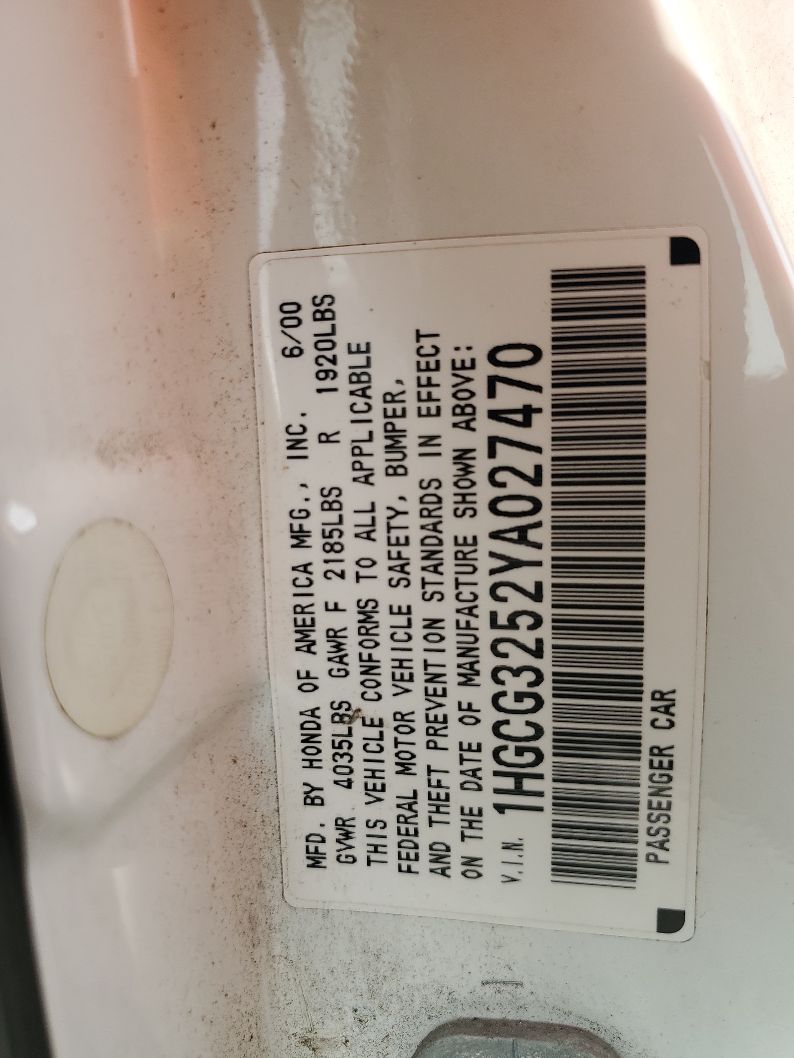 1HGCG3252YA027470 2000 Honda Accord Ex