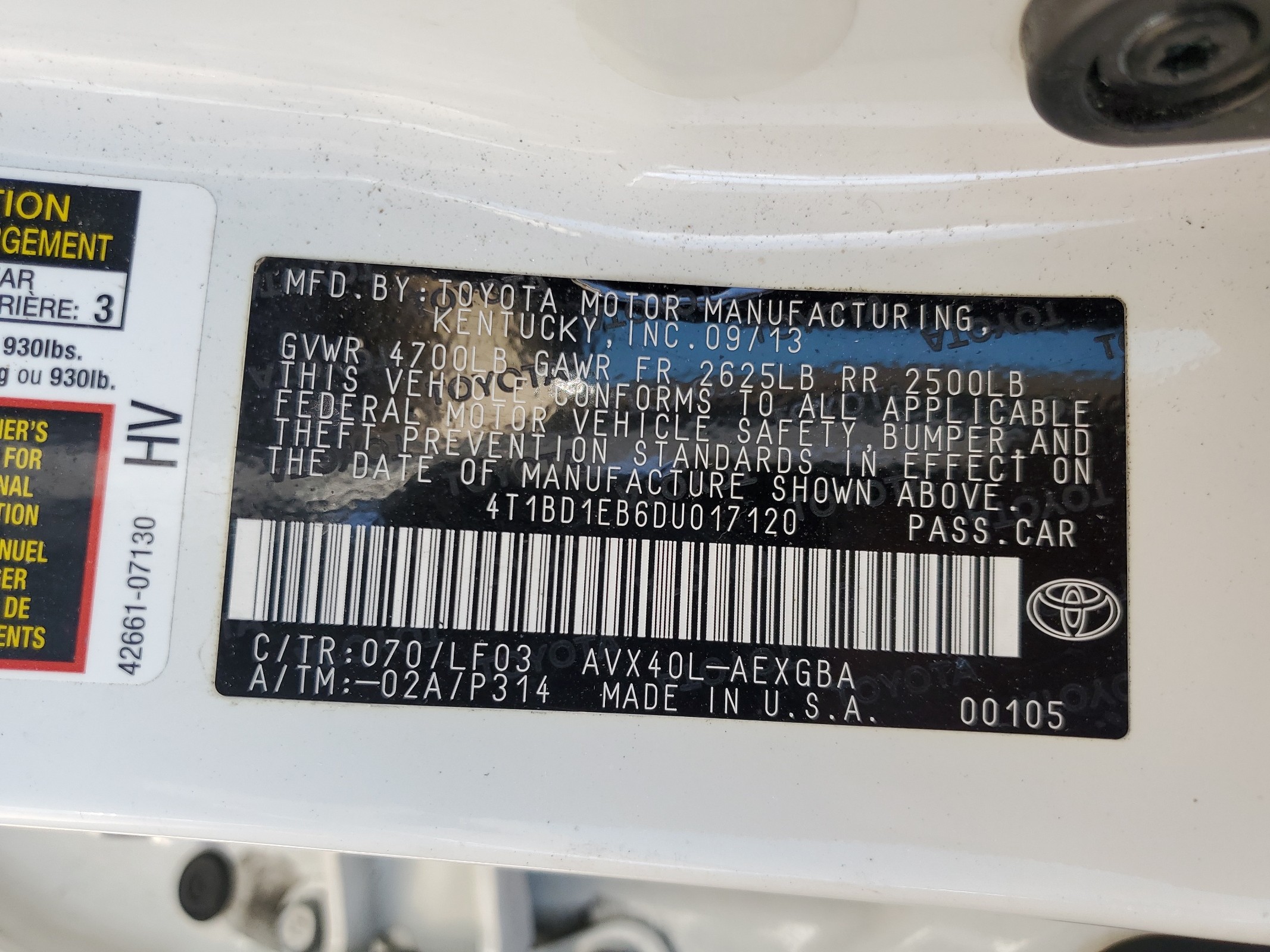 4T1BD1EB6DU017120 2013 Toyota Avalon Hybrid