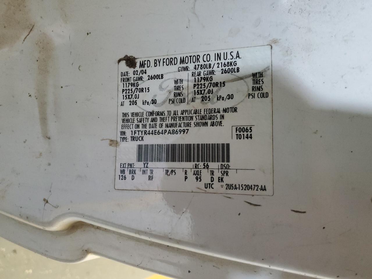 2004 Ford Ranger Super Cab VIN: 1FTYR44E64PA86997 Lot: 61823864