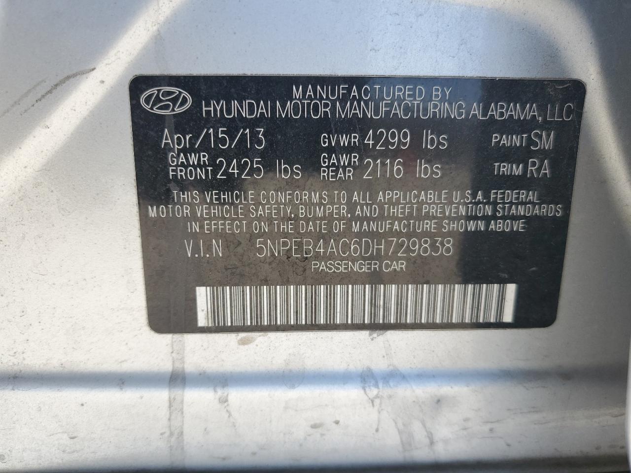 2013 Hyundai Sonata Gls VIN: 5NPEB4AC6DH729838 Lot: 61762684