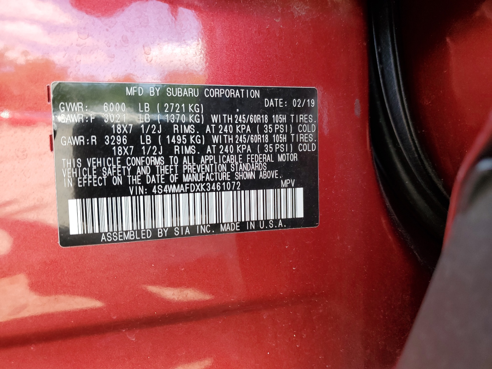 4S4WMAFDXK3461072 2019 Subaru Ascent Premium