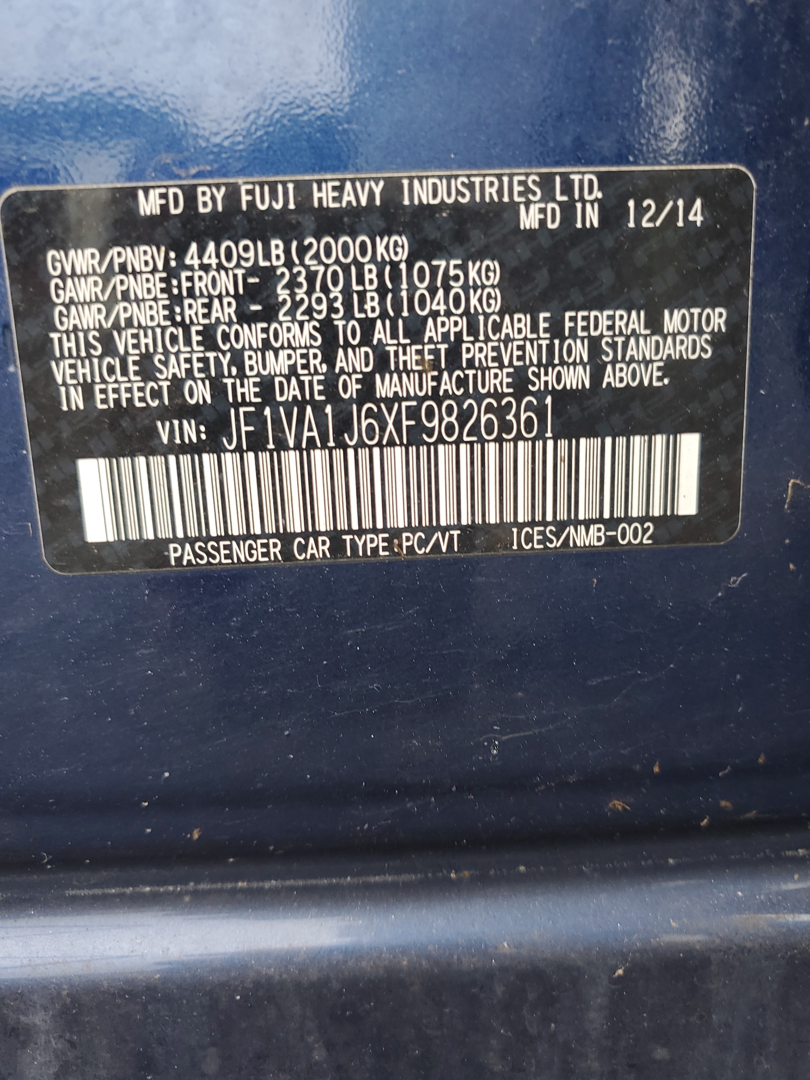 2015 Subaru Wrx Limited vin: JF1VA1J6XF9826361