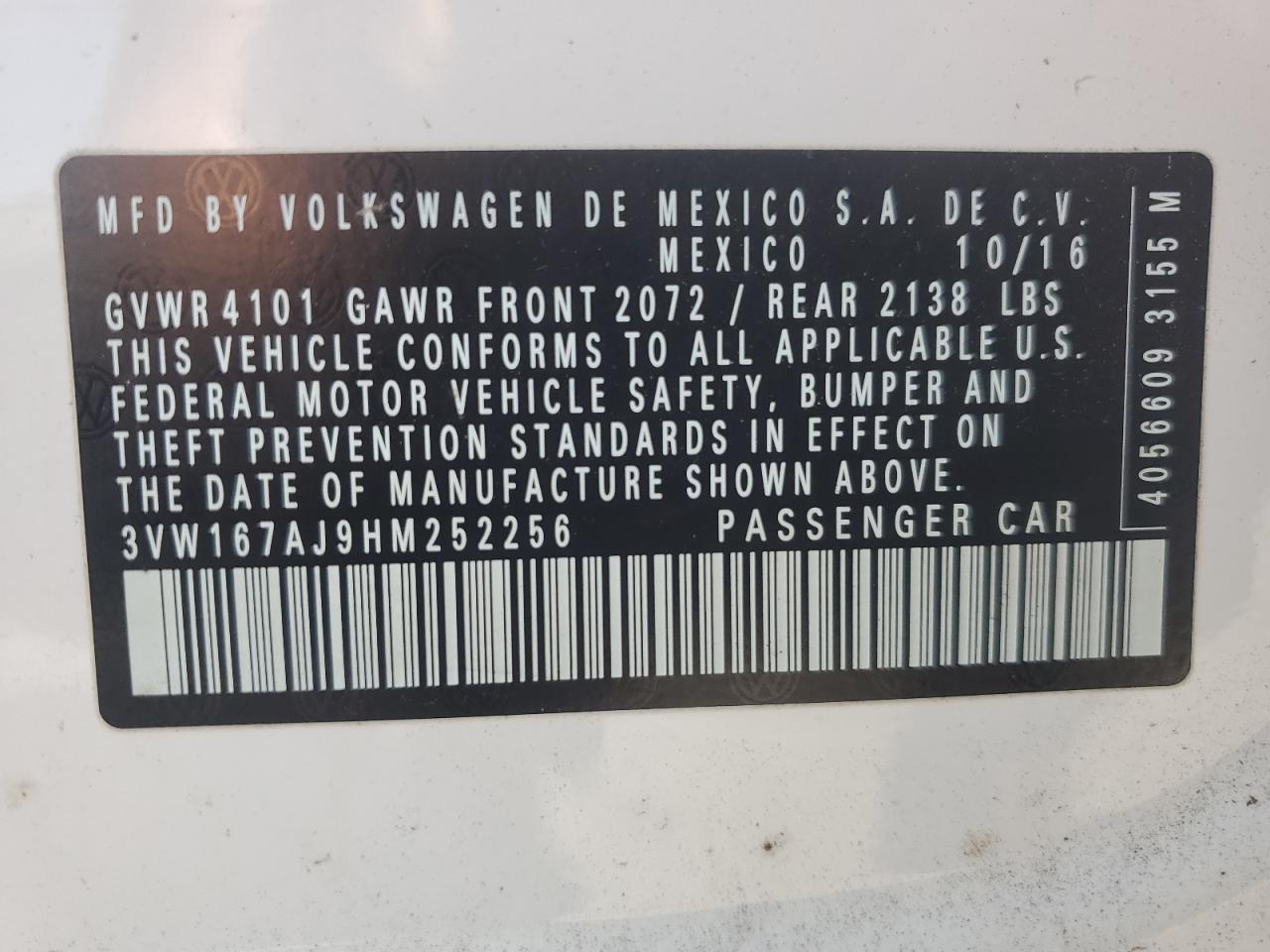 2017 Volkswagen Jetta S VIN: 3VW167AJ9HM252256 Lot: 63195884