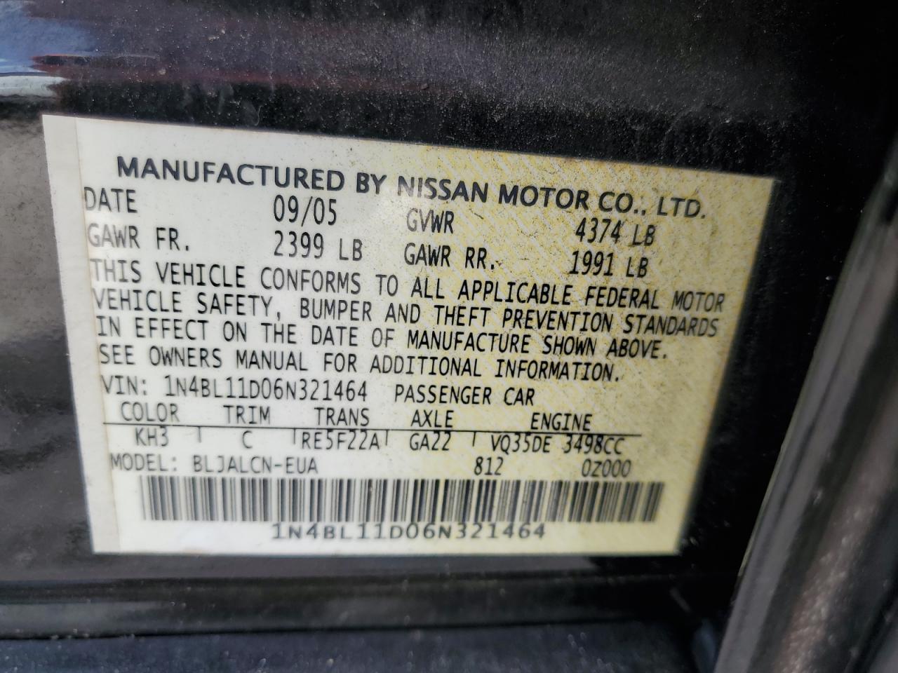 1N4BL11D06N321464 2006 Nissan Altima Se