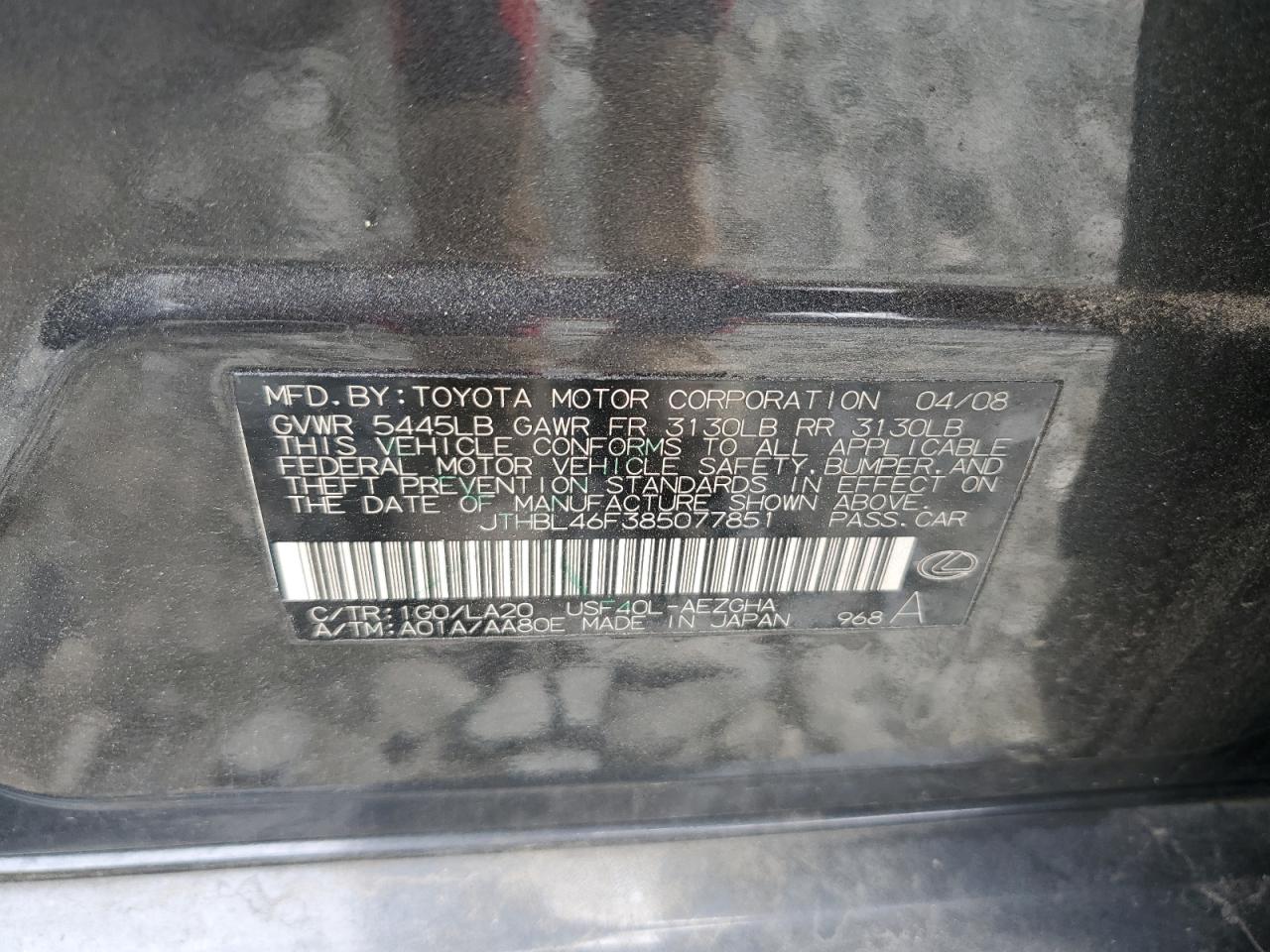 2008 Lexus Ls 460 VIN: JTHBL46F385077851 Lot: 64899914