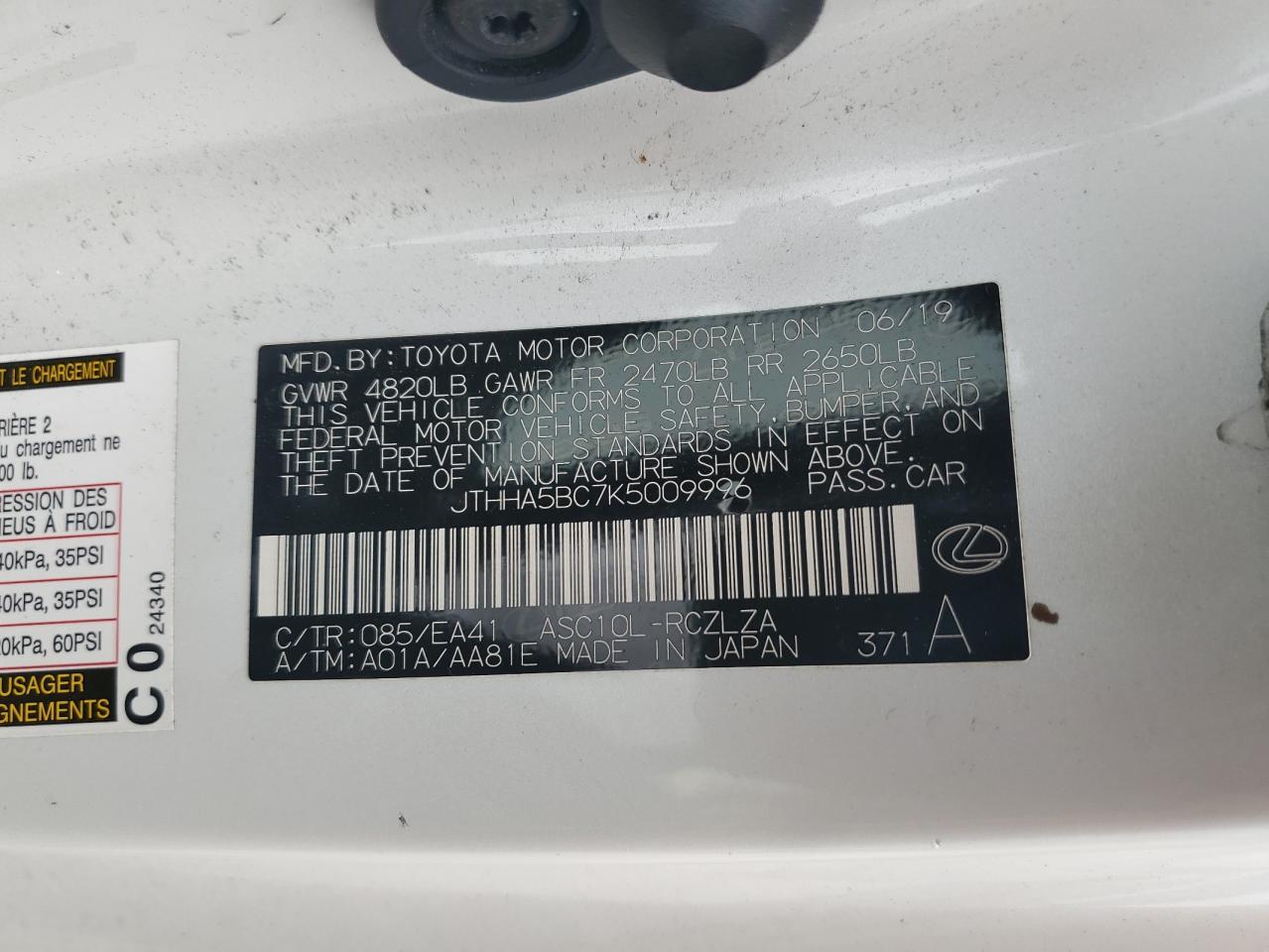 2019 Lexus Rc 300 VIN: JTHHA5BC7K5009996 Lot: 62348044