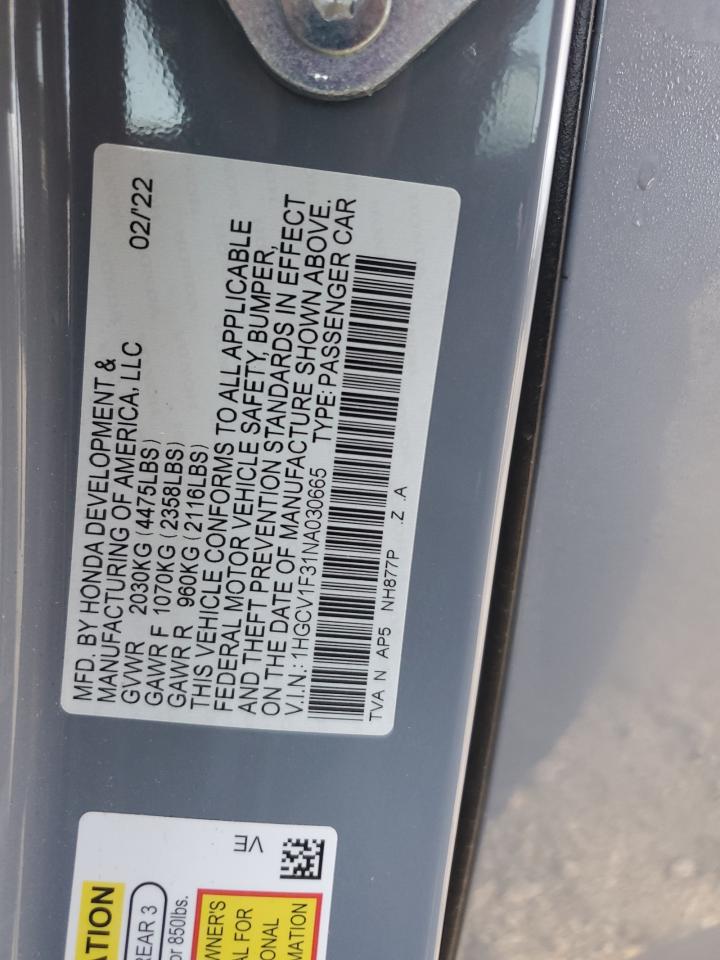 2022 Honda Accord Sport VIN: 1HGCV1F31NA030665 Lot: 64598724