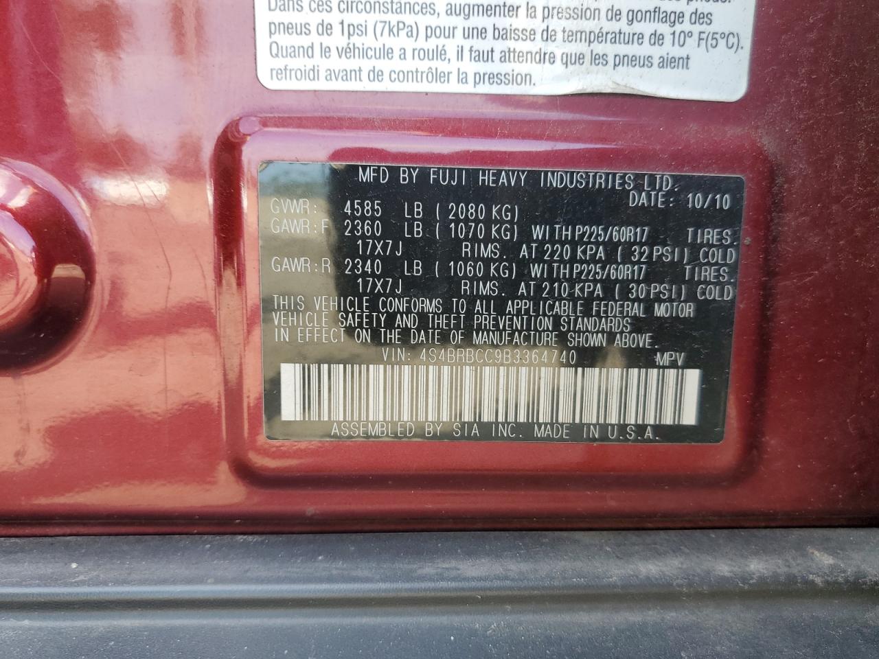 2011 Subaru Outback 2.5I Premium VIN: 4S4BRBCC9B3364740 Lot: 63510984