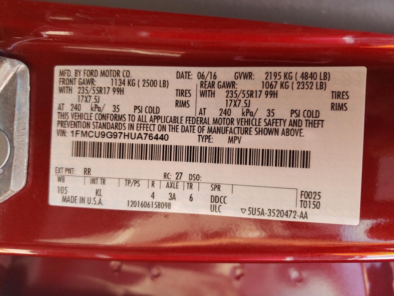 2017 Ford Escape Se VIN: 1FMCU9G97HUA76440 Lot: 63439444