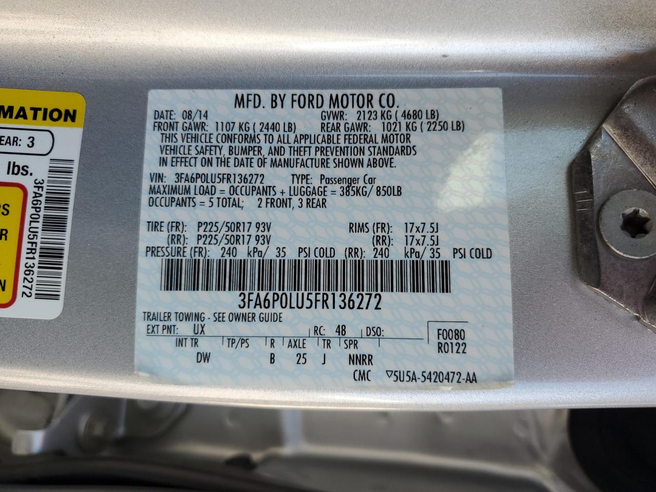 2015 Ford Fusion Se Hybrid VIN: 3FA6P0LU5FR136272 Lot: 60858384