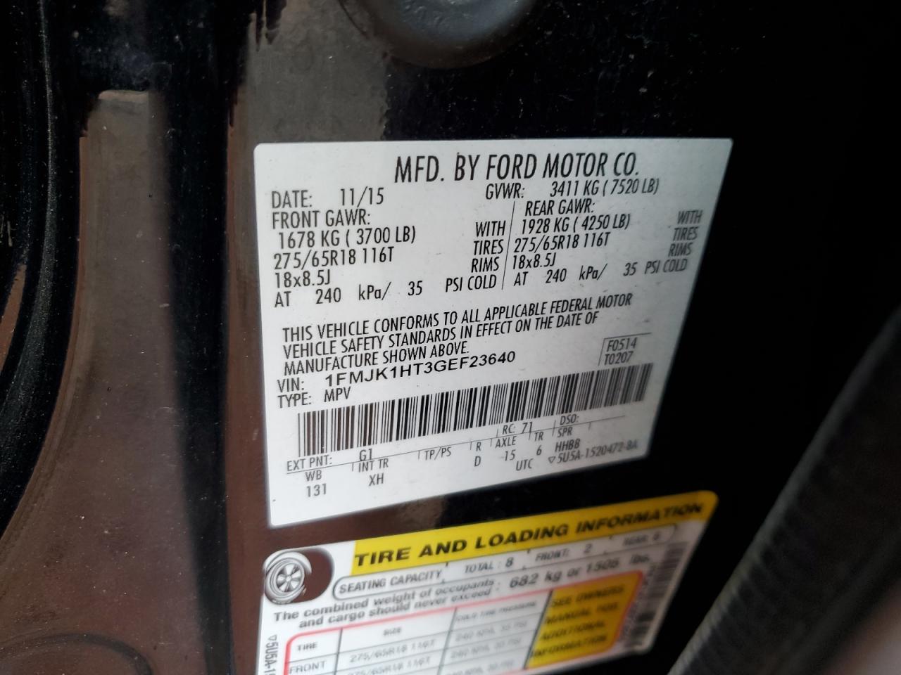 2016 Ford Expedition El Xlt VIN: 1FMJK1HT3GEF23640 Lot: 63612374