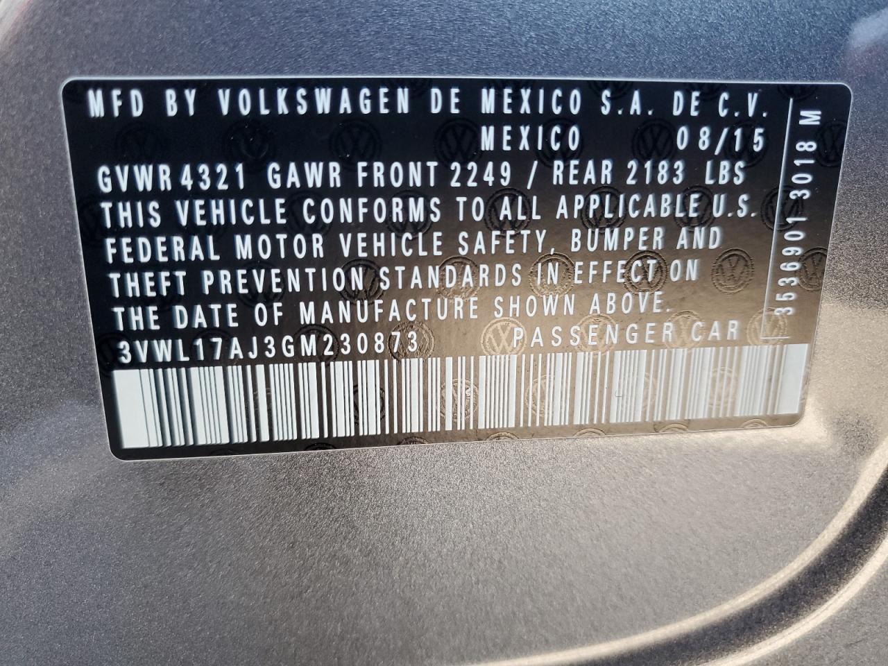 2016 Volkswagen Jetta Sel VIN: 3VWL17AJ3GM230873 Lot: 64897844