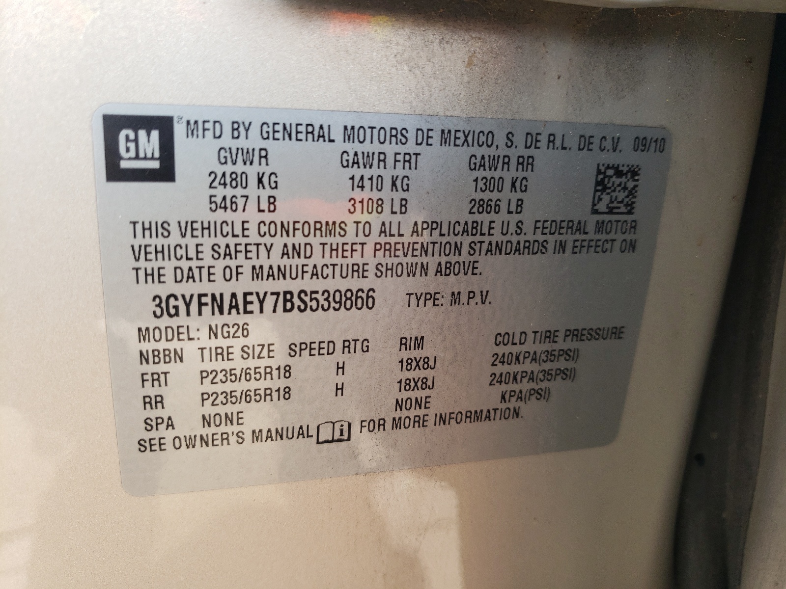 3GYFNAEY7BS539866 2011 Cadillac Srx Luxury Collection