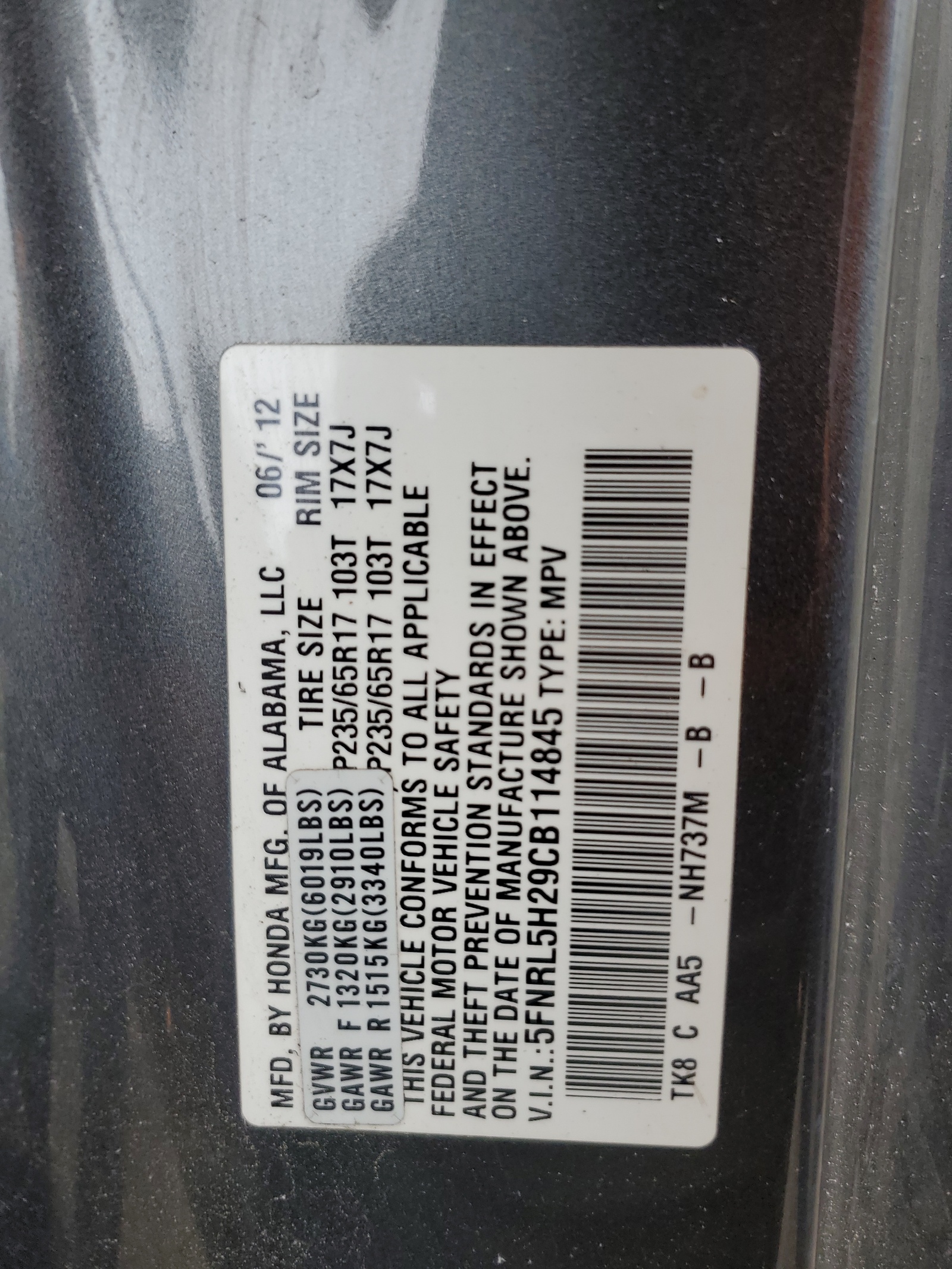 5FNRL5H29CB114845 2012 Honda Odyssey Lx